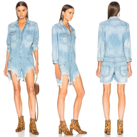 R13 Denim 'Cowboy' Romper w/Shredded Hem - Picture 1 of 11
